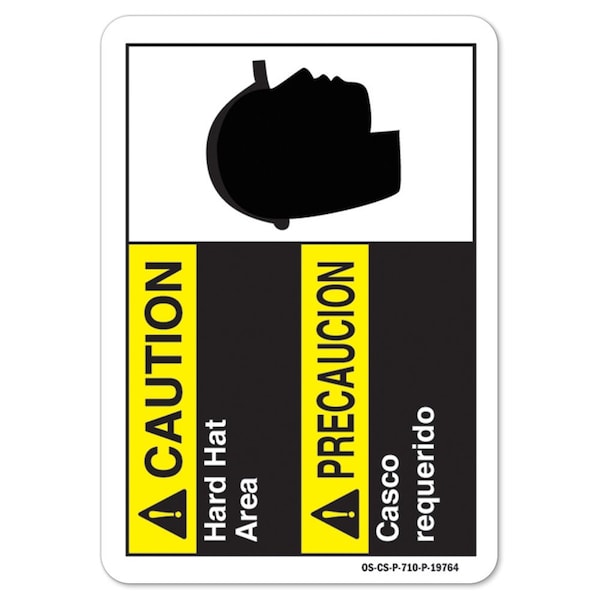 ANSI Caution Sign, Hard Hat Area-Bilingual, 18in X 12in Aluminum, 12" H, 18" W, Landscape